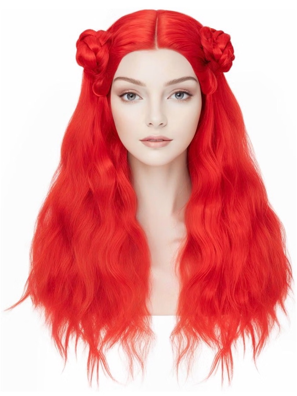 Red Princess Wavy Long Wig w/ Braided Buns Curly Cosplay Costume 🔥 - Picture 4 of 14